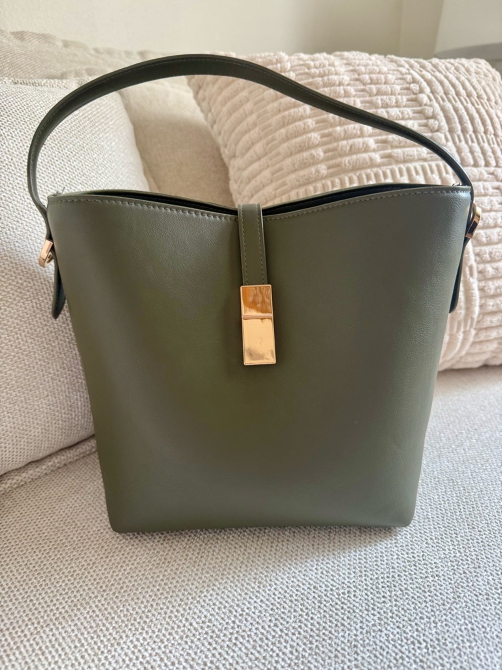 A New Day Olive Green Bucket Bag with Gold Magnetic Hardware